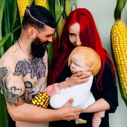 Image similar to photo of a slender attractive couple. The woman has long straight red orange hair. The man has a dark thick neatly groomed beard and tattoos. She is holding a giant corn and a cute baby. He is cutting her hair.