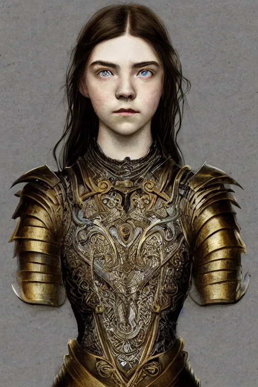 Prompt: a dark head and torso art nouveau portrait of a 16-year old girl who resembles Saoirse Ronan and Anya Taylor Joy with a worried, intense gaze and slightly opened mouth, ornate intricate iridescent battle armor, intricate, elegant, highly detailed, digital painting, artstation, concept art, smooth, sharp focus, illustration, art by John William Waterhouse and Bouguereau and Donato Giancola and alphonse mucha