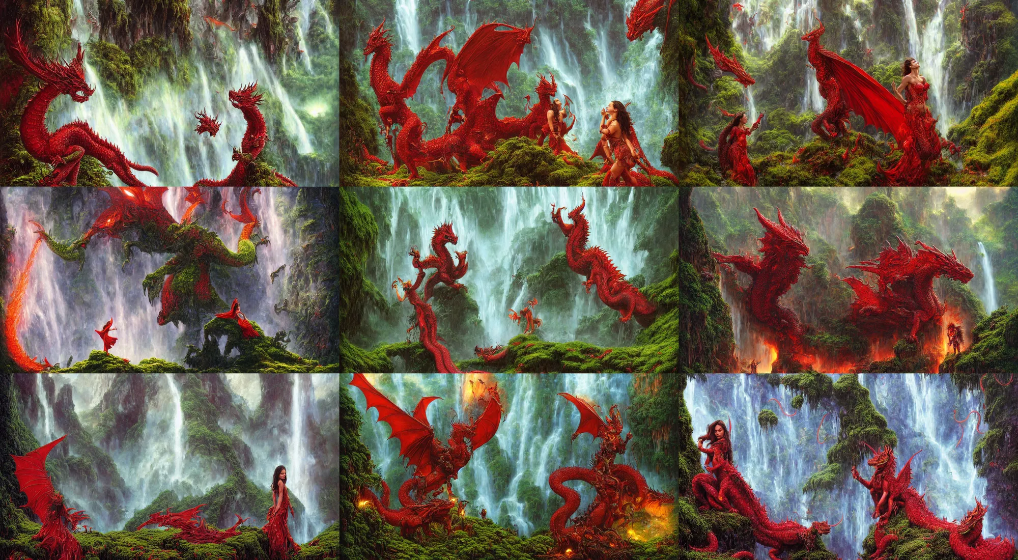 Prompt: close portrait of mila kunis as a dragon warrior, large red dragon, bright colors, sparkles, light rain, moist mossy white stones, mist from waterfall, cave glowing stones, epic composition, donato giancola, tim hildebrandt, wayne barlow, bruce pennington, larry elmore
