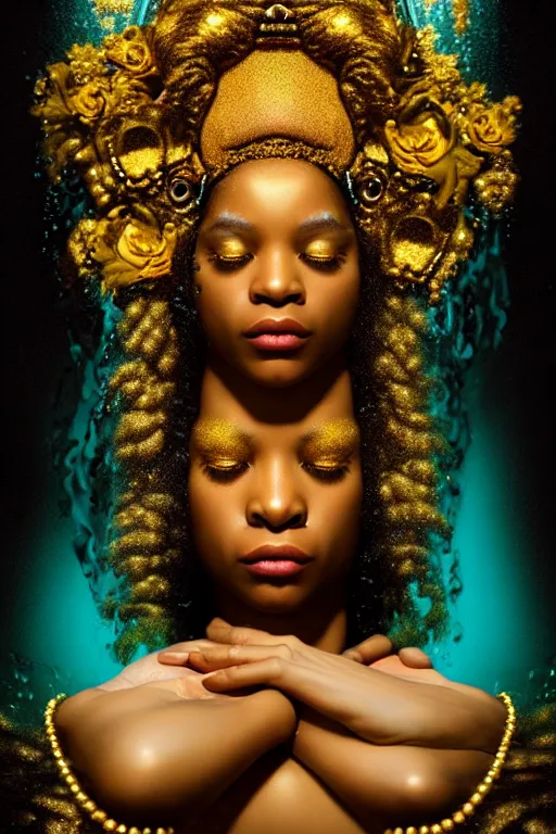 Prompt: hyper realistic neo - rococo cinematic very expressive! black oshun goddess, open eyes, body in water, mirror dripping droplet!, gold flowers, highly detailed face, digital art masterpiece, smooth eric zener cam de leon dramatic pearlescent teal light, ground angle uhd 8 k, sharp focus