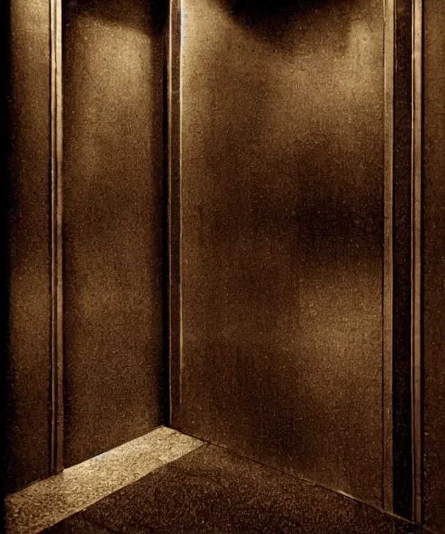Prompt: horrifying full color photorealistic image a 1 9 2 5 hotel elevator lobby, with a screaming bellhop embedded in the wall, dark, atmospheric, brooding, smooth, finely detailed, cinematic, epic, in the style of lee gibbons