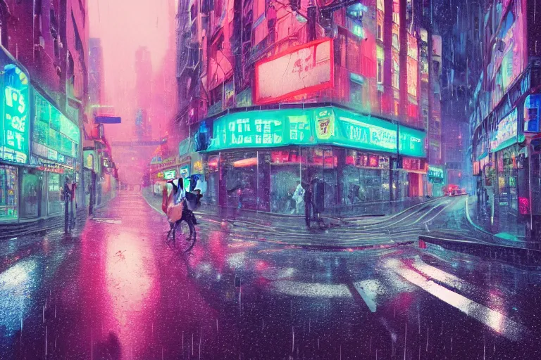Image similar to Bustling photorealistic!!! rainy (((neon))) street in a utopian city illustrated and reimagined by Max Hay, inverted fisheye lens!!!, eyelevel!!! view!!! photography, trending on artstation, 4k, 8k, lens distortion, chromatic aberration, soft focus blur, photorealistic imagery, photorealistic details, intricate, highly detailed, artstation 3d, artstation render, artstation 3d render, 3d art, unreal engine 3d, octane 3d, blender 3d, 3d landscape