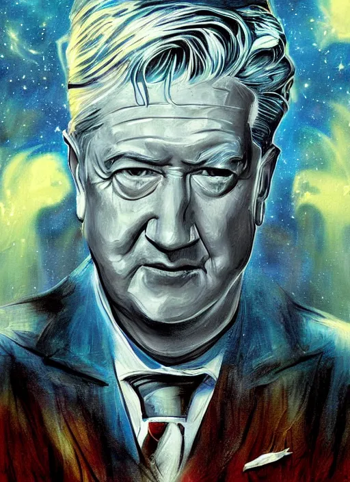 Image similar to a painting of david lynch in the water, poster art by chris moore, cg society contest winner, digital art, movie poster, cosmic horror, lovecraftian