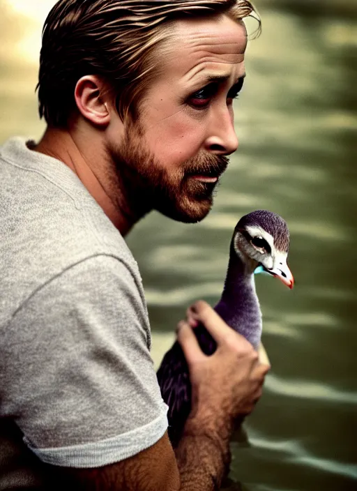 Image similar to ryan gosling fused with a goose, natural light, bloom, detailed face, magazine, press, photo, steve mccurry, david lazar, canon, nikon, focus