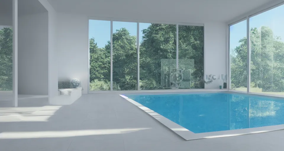 Prompt: Dream Pool in rooms of white ceramic tile, sunlight coming in from windows with a blue sky, environment unreal engine, low level, 4K UHD image, octane render,