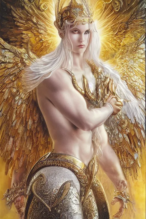 Prompt: white muscular angel with beautiful face, wearing diamond armor, shining light, jewelry, god rays by Karol Bak, Ayami Kojima, Amano