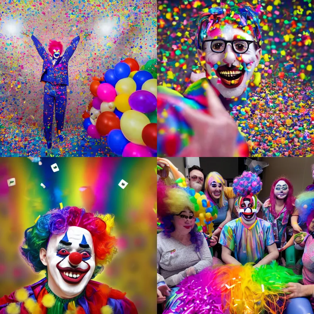 Prompt: a clown on a hospital bed wearing a rainbow colored wig surrounded by terrified doctors and nurses watching how he sprouts a stream of colorful confetti after being punctured in the arm