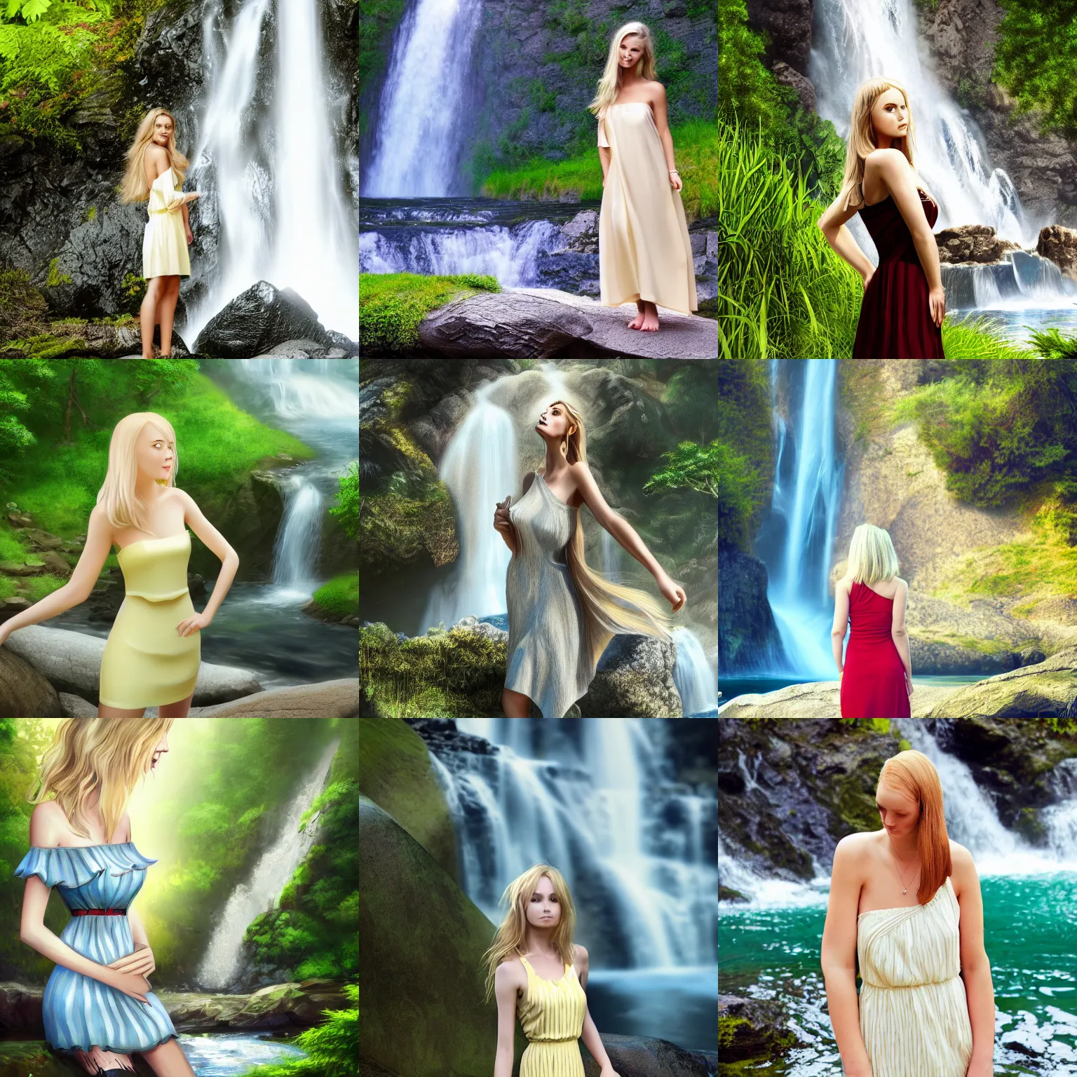 Prompt: beautiful woman wearing a summer dress, light blonde shoulder-length hair, standing near a waterfall, 4k, digital art, wallpaper, in the style of