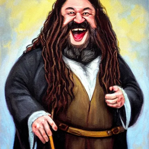 Prompt: thin happy hagrid oil painting