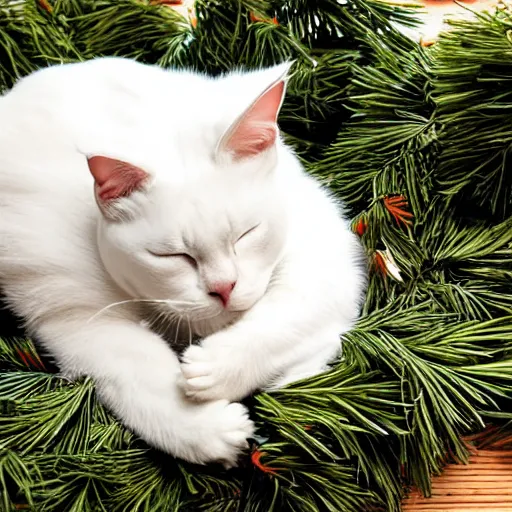 Prompt: a superhero white cat sleeping on bed of pine needles, anime