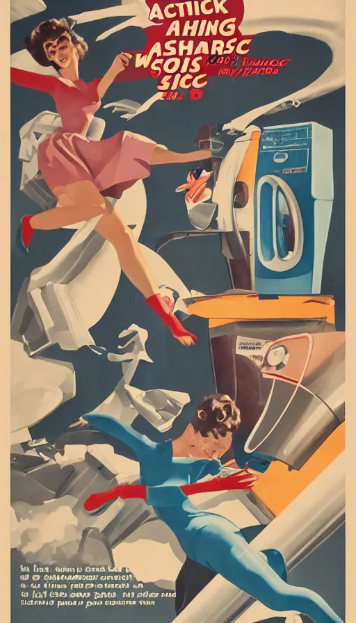 Image similar to attack of the washing machines and flying socks, 1 9 5 0 s science fiction poster, retrofuturism, behance, trending on artstation