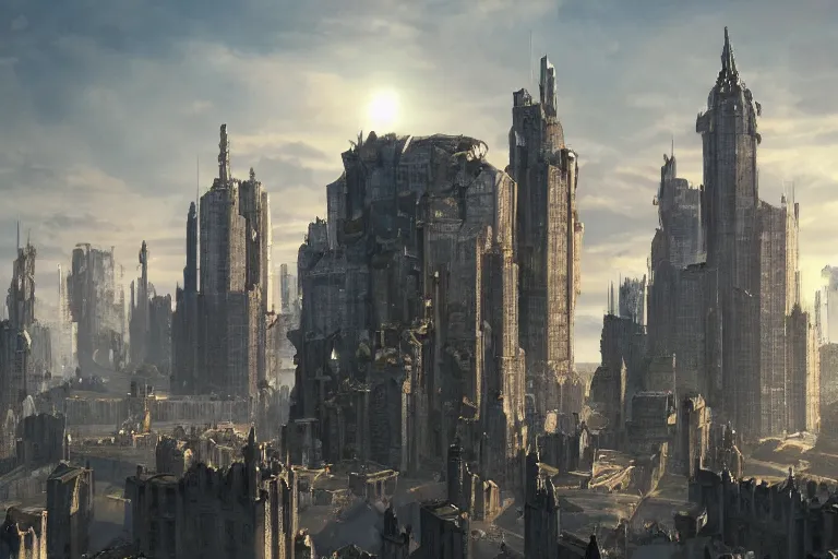 Prompt: a cinematic shot of futuristic medieval city with a large stone castle skyscraper with towers and defenses. utopian, concept art,