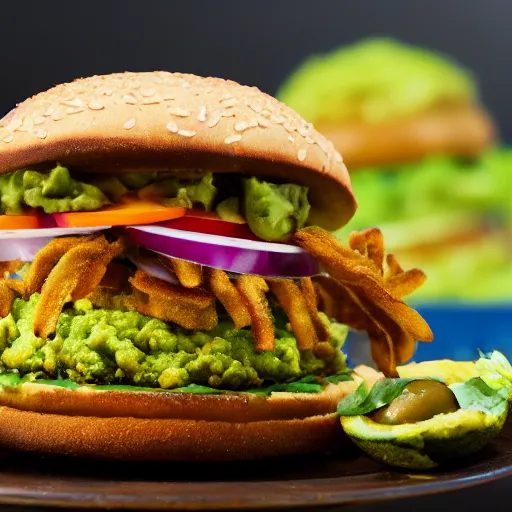 Image similar to vegan hamburger with guacamole and crispy fried onion and fried egg toppings, crispy buns, 8 k resolution, studio lighting, sharp focus, hyper - detailed