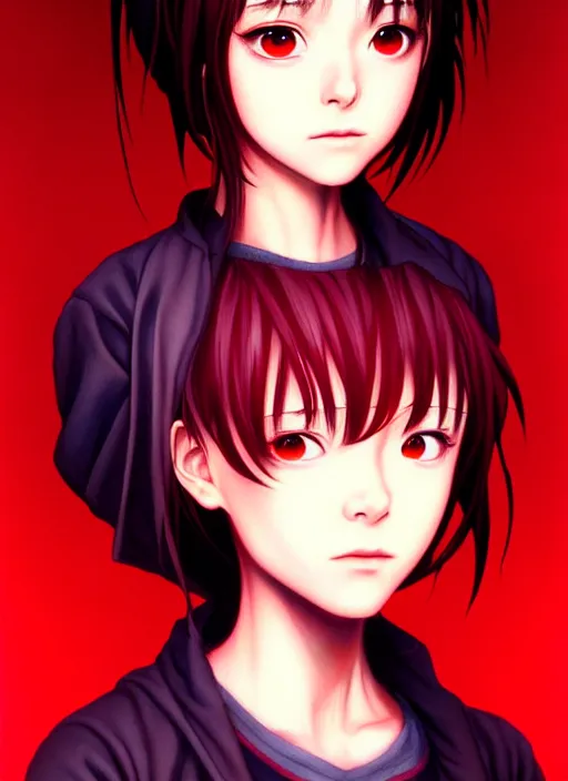 Prompt: a beautiful portrait painting with a dark red background of lain from serial experiments : lain. character design by shinji aramaki, charlie bowater, ross tran, artgerm, and makoto shinkai