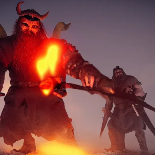 Prompt: demonic Viking warriors with glowing orange eyes, midjourney style, artstation trending, 4k