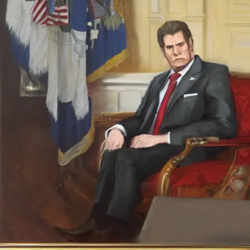 Prompt: senator armstrong from metal gear rising revengeance sitting in oval office, oil painting, presidential portrait