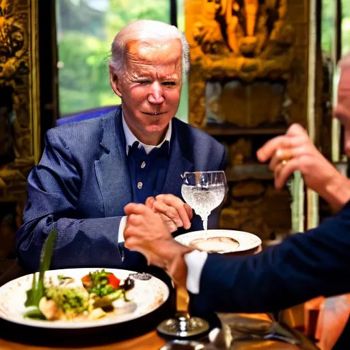 Image similar to Trump and Biden having dinner at a fancy Balinese restaurant, award winning photography, 85mm, perfect faces