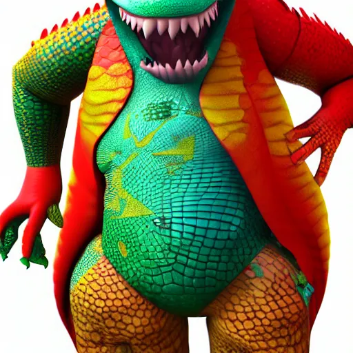 Image similar to 3 d render, anthropomorphic alligator, red scales on his back, yellow scale on his belly and chest, male, waring a hawaiian shirt, in the style of zootopia, hd, 4 k, high definition background