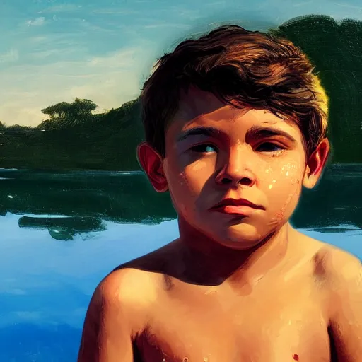 Image similar to in the style of Aurelio Rodríguez and William Whitaker, a boy stand in the lake, close up, very high environmental details, very high facial details, 4K ,