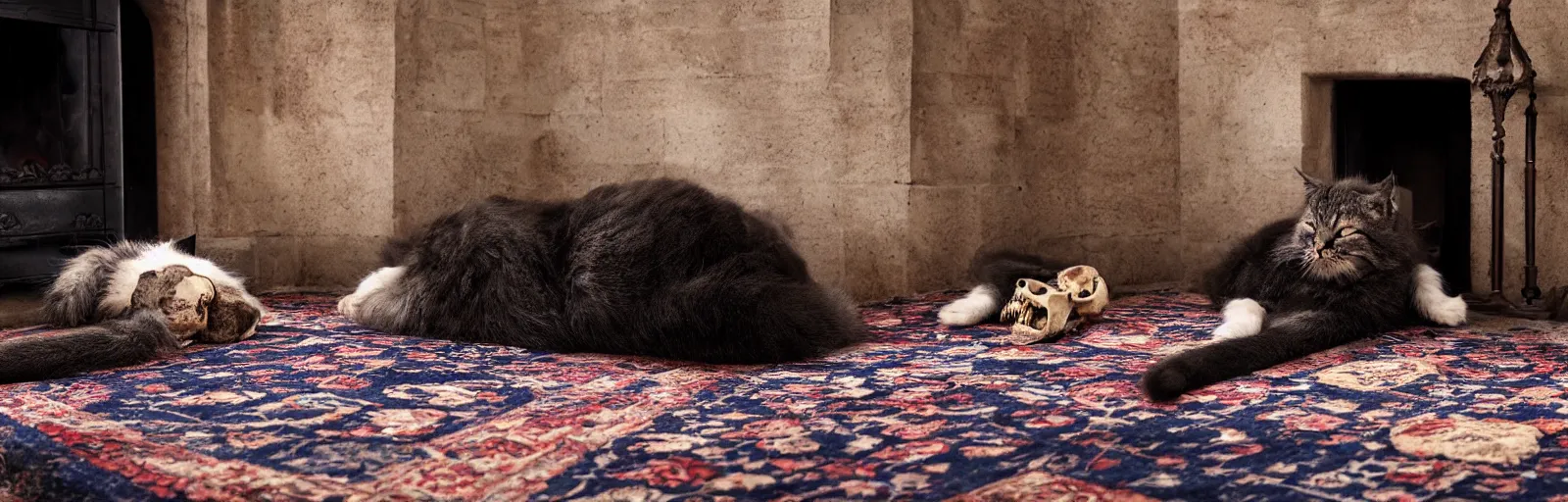 Image similar to a beautiful hairy cat sleeping next to a skull on an old carpet next to a fireplace, 4K, photorealistic, cinematic, moody fireplace lighting, UHD, HDR