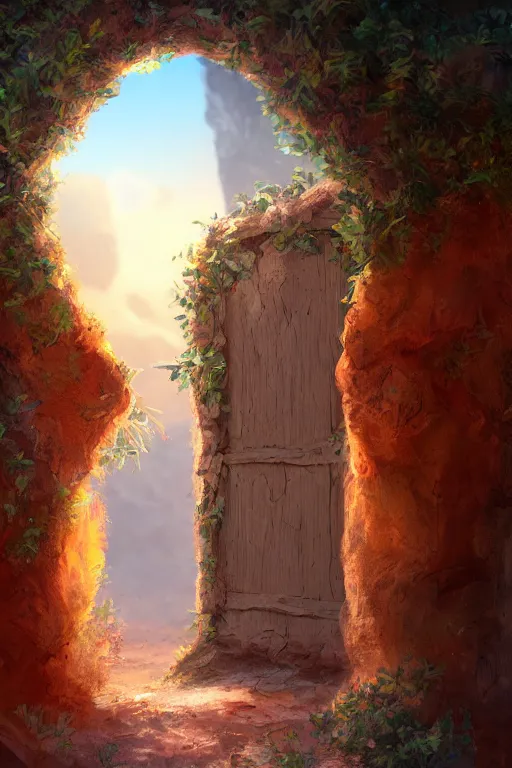 Prompt: digital painting of a doorway in a desert that leads to a secret garden, concept art, artstation, fantasy, fantasy aesthetic, fantasy vibe, colorful, faded effect, artstation, trending, detailed, small details, scenery,