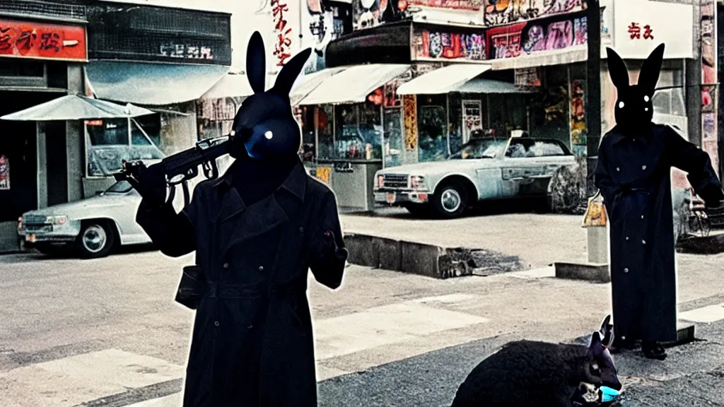 Image similar to a man in a trench coat wearing a black rabbit mask in front of a diner shooting an uzi, film still from the an anime directed by Katsuhiro Otomo with art direction by Salvador Dalí, wide lens