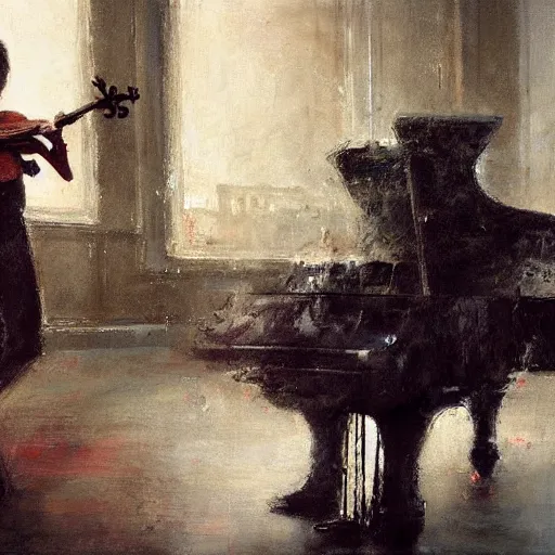 Image similar to satan competing in a violin contest, detailed jeremy mann painting