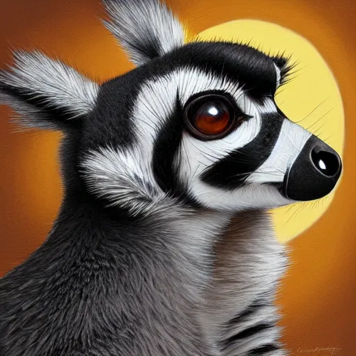 Image similar to Geometric symmetrical ring-tailed lemur, sun in the background, intricate, elegant, highly detailed, digital painting, artstation, concept art, smooth, sharp focus, illustration, art by artgerm