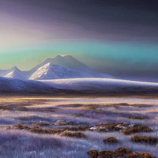 Image similar to A professional digital landscape painting of a vast wintery tundra with peaking mountains in the background, painted by Terese Nielsen, 4k, digital art, trending on cgsociety, highly detailed, upper body shot, shallow depth of field, purple and yellow lighting, professional lighting, airbrush,