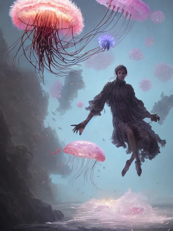 Image similar to a fancy portrait of a giant floating flower and jellyfish by Greg Rutkowski, Sung Choi, Mitchell Mohrhauser, Maciej Kuciara, Johnson Ting, Maxim Verehin, Peter Konig, Bloodborne , 8k photorealistic, cinematic lighting, HD, high details, atmospheric , trending on artstation