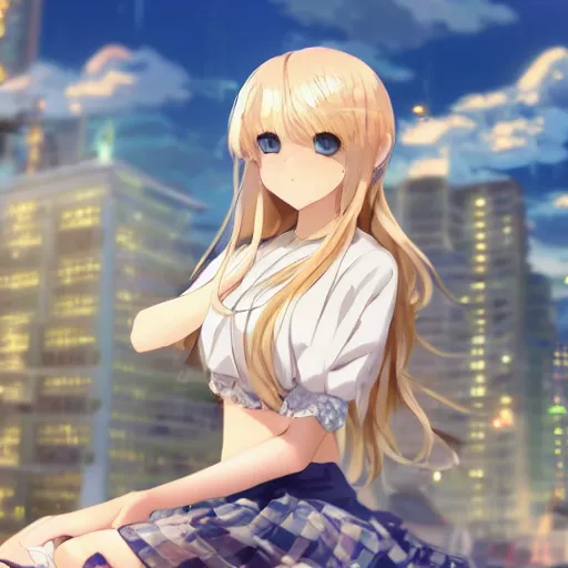 Image similar to a very beautiful anime girl, full body, long wavy blond hair, sky blue eyes, full round face, short smile, cute top, miniskirt, sitting on a miniature city, surround by a miniature crowd, cinematic lighting, medium shot, mid-shot, highly detailed, trending on Artstation, Unreal Engine 4k, cinematic wallpaper by Stanley Artgerm Lau, WLOP, Rossdraws, James Jean, Andrei Riabovitchev, Marc Simonetti, and Sakimichan