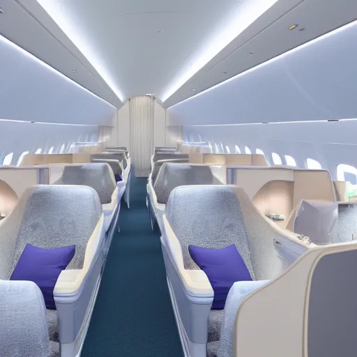 Prompt: Interior shot of a luxurious business class suite on a two aisle widebody jet with a pastel color palette