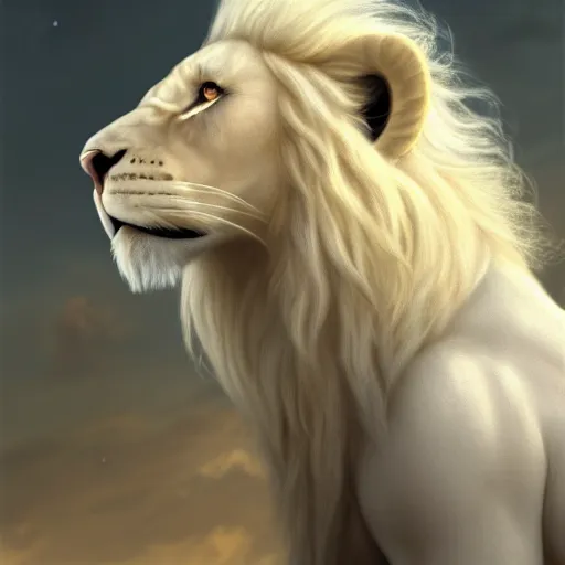 Image similar to a beautfiul aesthetic commission portrait of a anthro albino lion looking at the sky worried,attractive beautiful face,detailes face,expression,natural lighting,fantasy art,deviantart,artstation,character design by charles bowater,ross tran,4k,photorealistic,highly realistic,unreal emgine 5