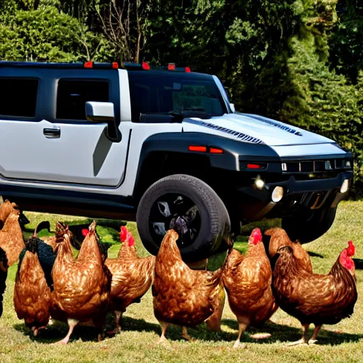 Prompt: a hummer h 2, surrounded by chickens