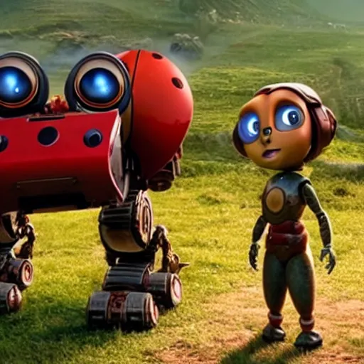 Prompt: promotional movie still, ladybugs, ladybug quadruped with big rgb eyes, ladybug hobbits, ladybug robots, space western, the fellowship of the ring ( film ), wall - e ( film )