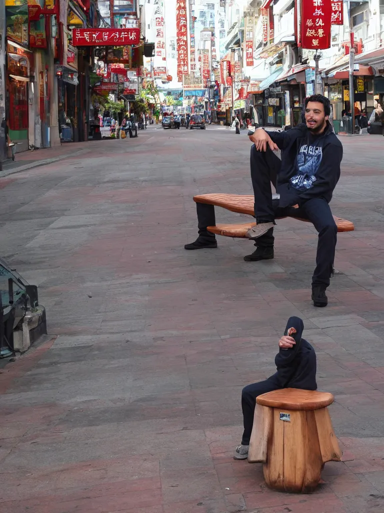 Image similar to a photo of thiago hersan sitting in a bench in china town san francisco