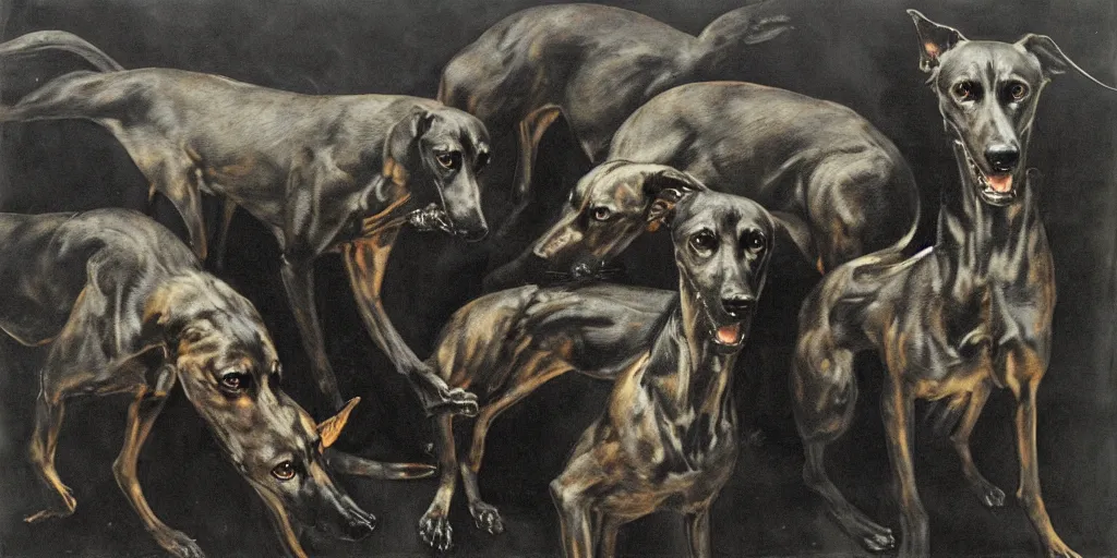 Image similar to a pack of black greyhounds, by nicola samori and phil hale