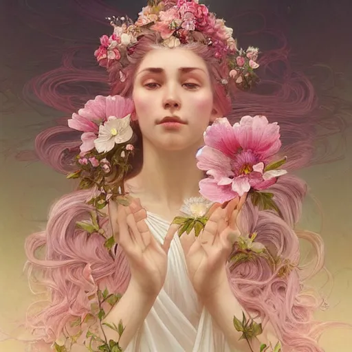 Prompt: goddess, goddess of flowers, pinkish hair, antheia, greek, intricate, elegant, ethereal, highly detailed, digital painting, artstation, concept art, smooth, sharp focus, illustration, art by artgerm and greg rutkowski and alphonse mucha