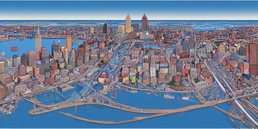 Image similar to cleveland skyline, escher, masterpiece, highly detailed, 4 k