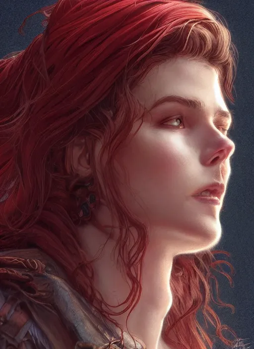 Image similar to vertical portrait of a ruggedly handsome female cleric, soft hair, close - up face, leather, witchy, d & d, fantasy, intricate, elegant, highly detailed, digital painting, artstation, concept art, smooth, sharp focus, illustration, art by artgerm and greg rutkowski and alphonse mucha, plain red background