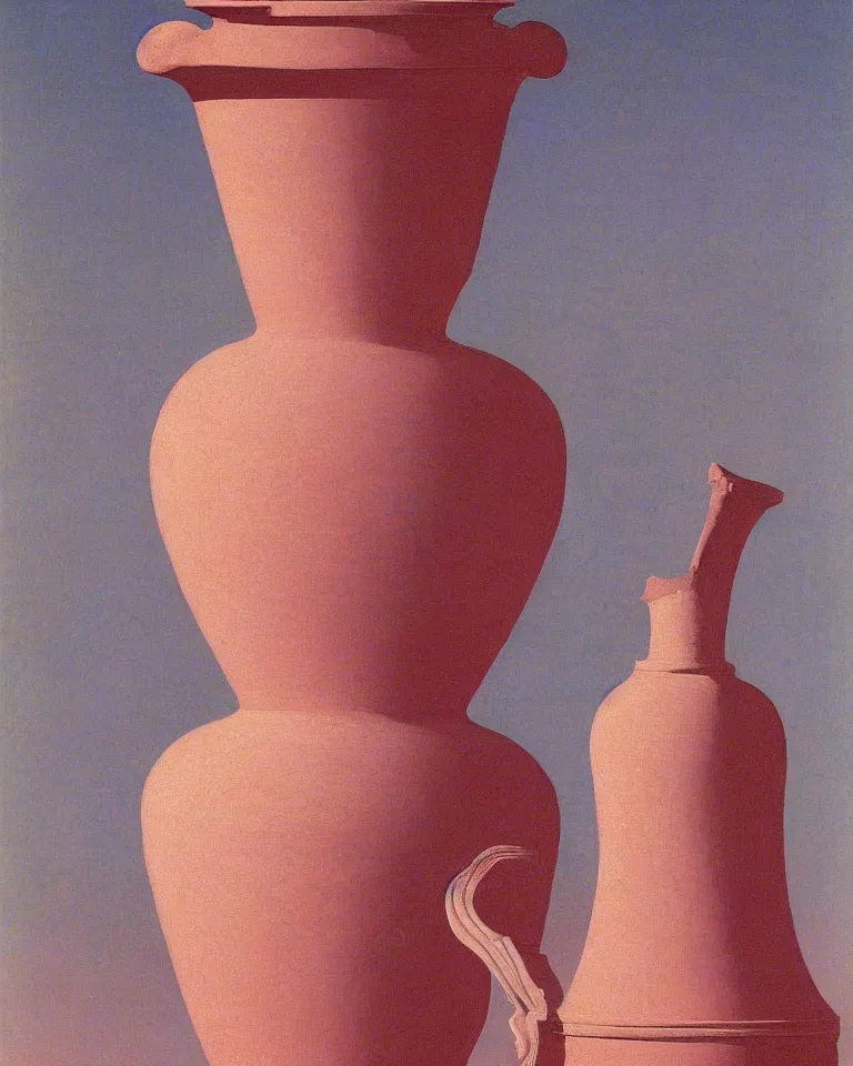 Image similar to achingly beautiful print of intricately painted ancient greek amphora on a pink background by rene magritte, monet, and turner.