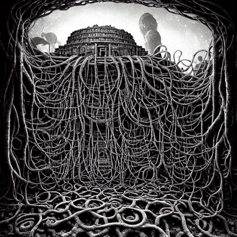 Prompt: still life of ribbed abandoned mayan temple on exoplanet in hell, covered with tentacles, roots, wires, tubes, organic flesh, meat, standing in a desolate empty wasteland, lit by a column of light from flying saucer ufo above, baroque painting, creepy, nightmare, dream-like heavy atmosphere, surreal abandoned buildings, baroque painting, beautiful detailed intricate insanely detailed octane render trending on Artstation, 8K artistic photography, photorealistic, chiaroscuro, Raphael, Caravaggio, Beksinski, Giger