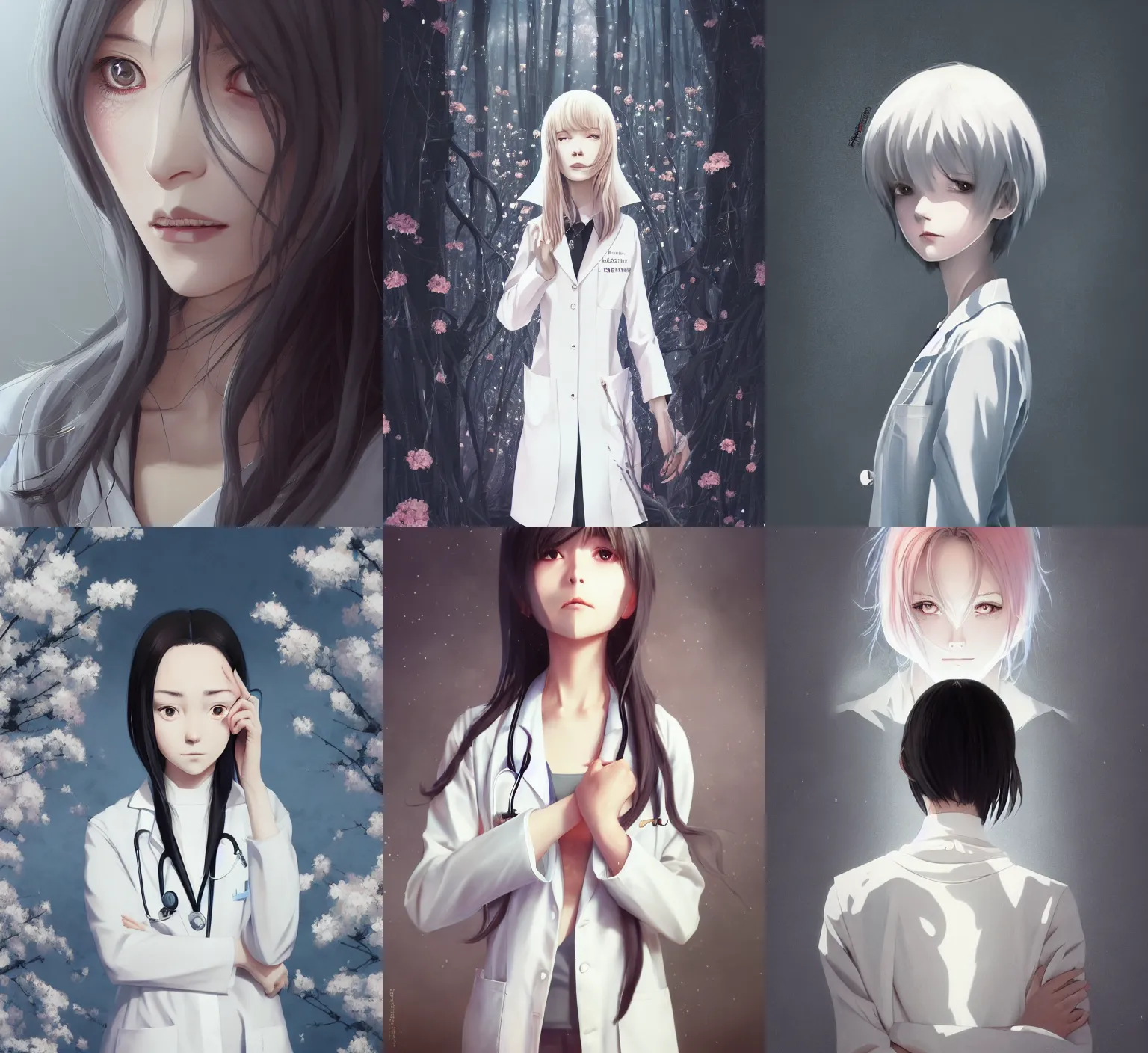 Image similar to detailed, sharp, full body portrait of a sad and gloomy crying female physician wearing a white coat by Ilya Kuvshinov and Anna Dittmann and studio ghibli and WLOP and Rossdraws, digital art, trending on artstation, anime arts, featured on Pixiv, HD, 8K, highly detailed, good lighting, beautiful, epic, masterpiece