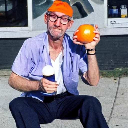 Image similar to hugh hopper holding an orange and a diet pepsi sitting on a street corner