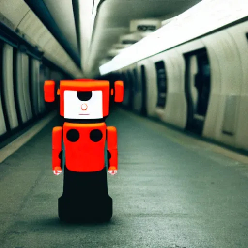 Image similar to fujifilm superia photo of uncanny valley tiny robot, in the empty london underground, dirty, grainy, liminal