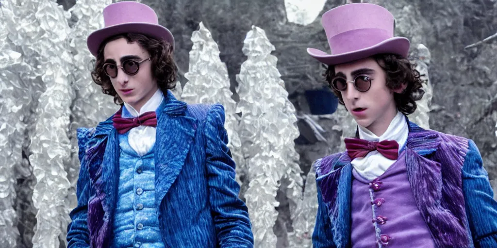 Image similar to film still of Timothée Chalamet as Willy Wonka in new Willy Wonka movie, 4k