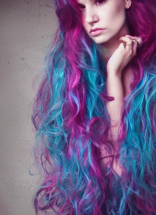 Image similar to dramatic photo of a woman with super wavy snake marble hair. moody and melanchonic. with a bit of pink and cyan