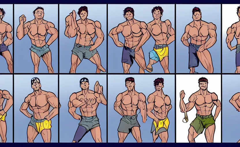 Image similar to muscles shrinking, reverting to normal, transformation sequence, sequential art