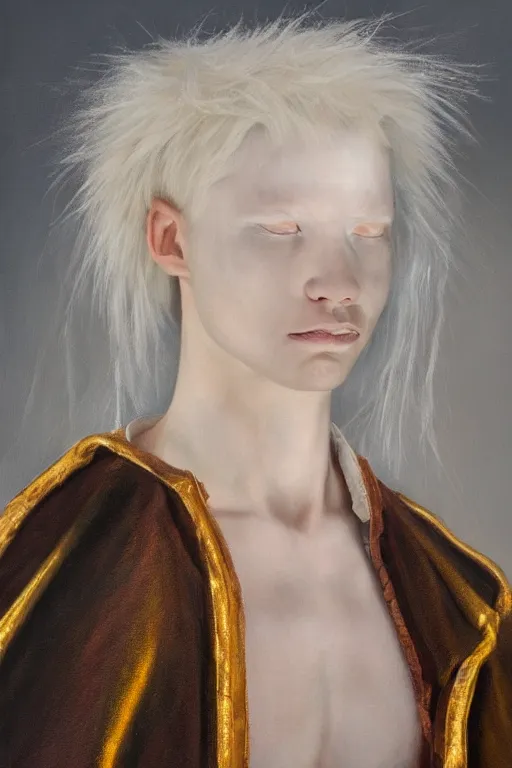 Image similar to hyperrealism oil painting, close - up portrait of albino medieval fashion model, knight, steel gradient mixed with nebula sky, in style of baroque