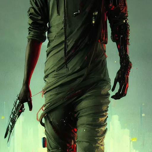 Image similar to a beautiful ukiyo painting of full body african cyberpunk blade runner, dramatic pose, wearing japanese techwear, detailed symmetrical, intricate complexity, concept art, by ismail inceoglu dragan bibin hans thoma greg rutkowski alexandros pyromallis nekro rene maritte illustrated, perfect face, fine details, realistic shaded, fine - face, pretty face